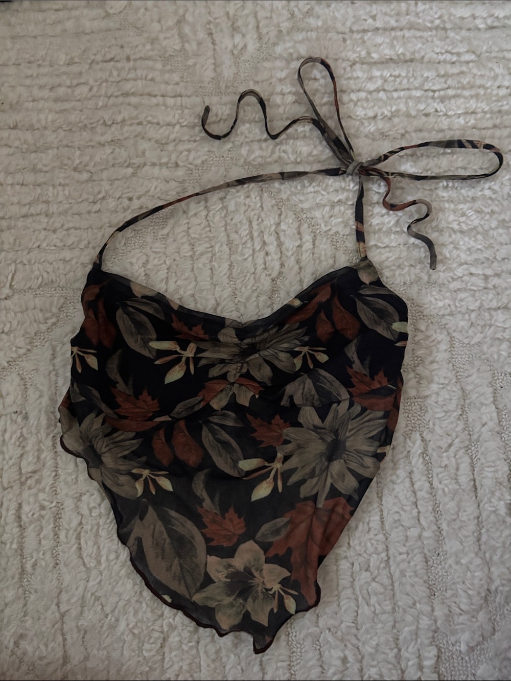 SHEIN Floral Halter Top in Black, Rust, and Olive